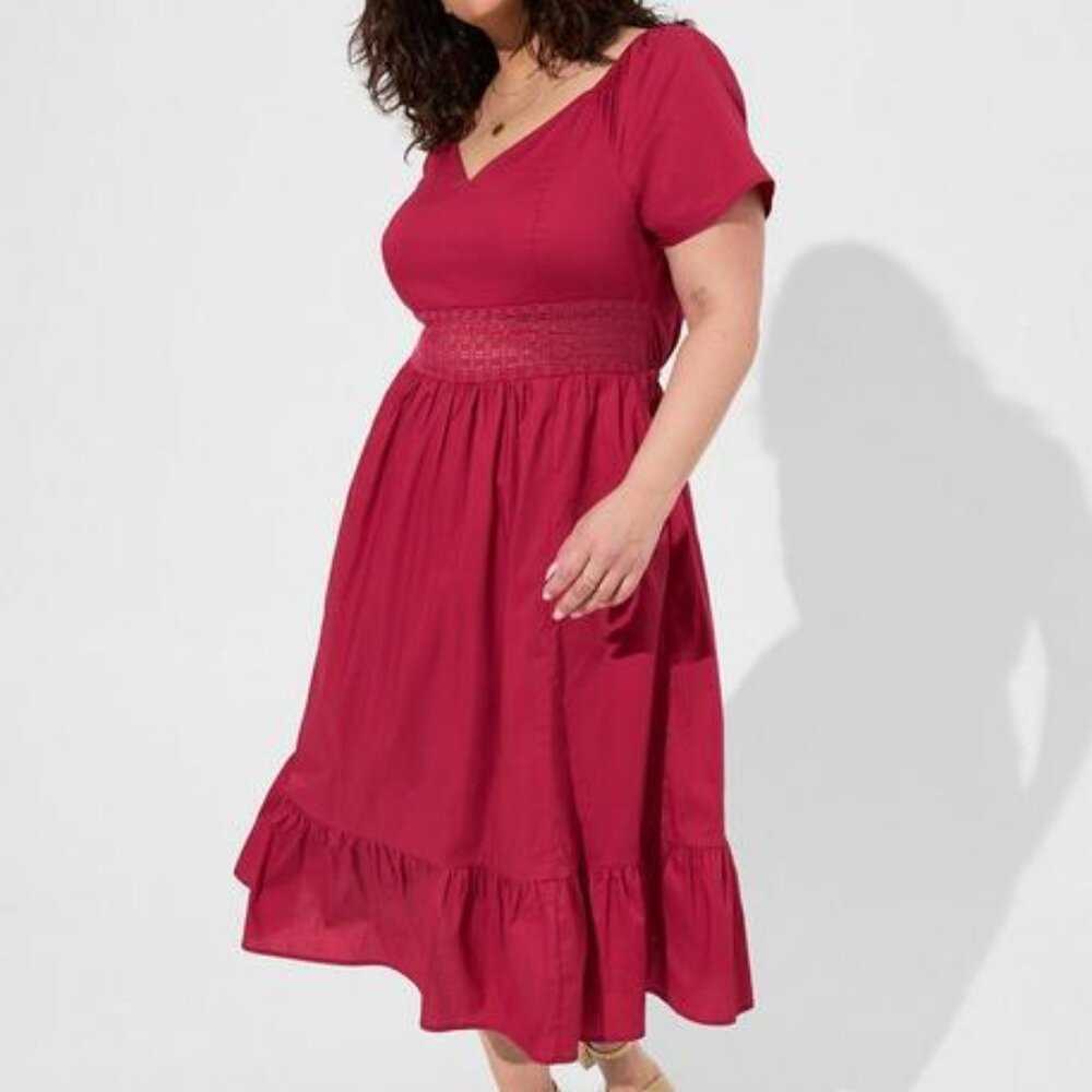 Midi Poplin Sheer Waist Dress -  Cherries jubilee